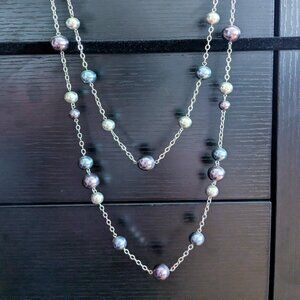 Multi-layer Station Necklace Blue Purple Silver